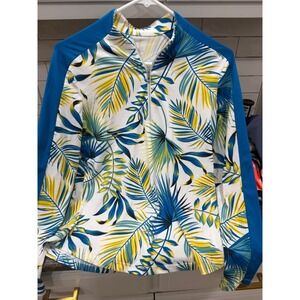 Tail Womens Long Sleeve Quarter Zip Tropical Palm Print Golf Top Blue